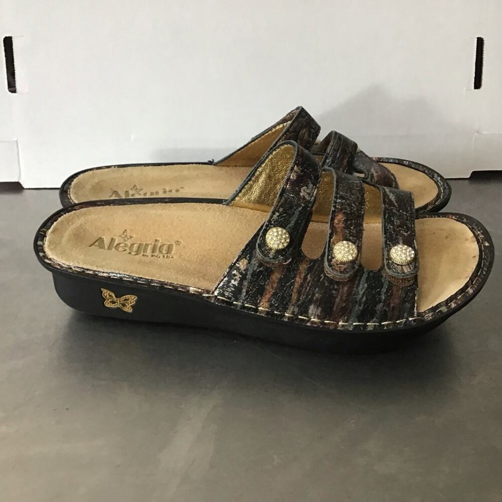 Alegria Metallic Black Gold Bronze Fiona Triple Strap Sandals 41 10.5